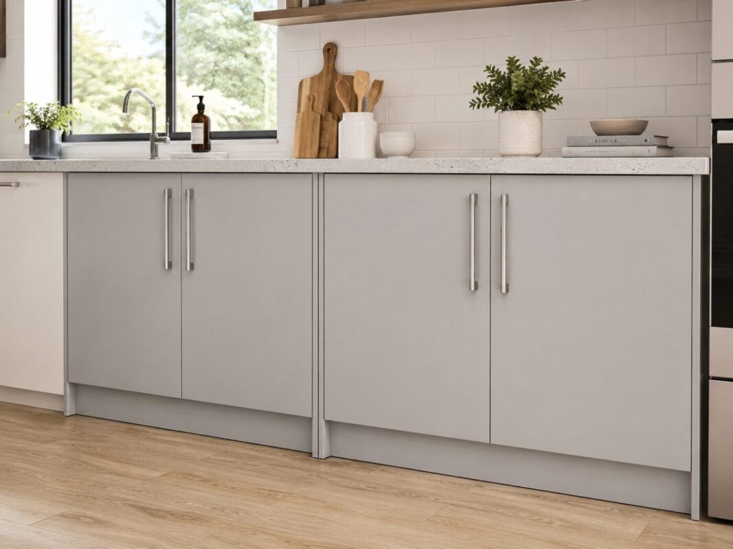Base kitchen cupboards installed under countertop with storage and clean interior