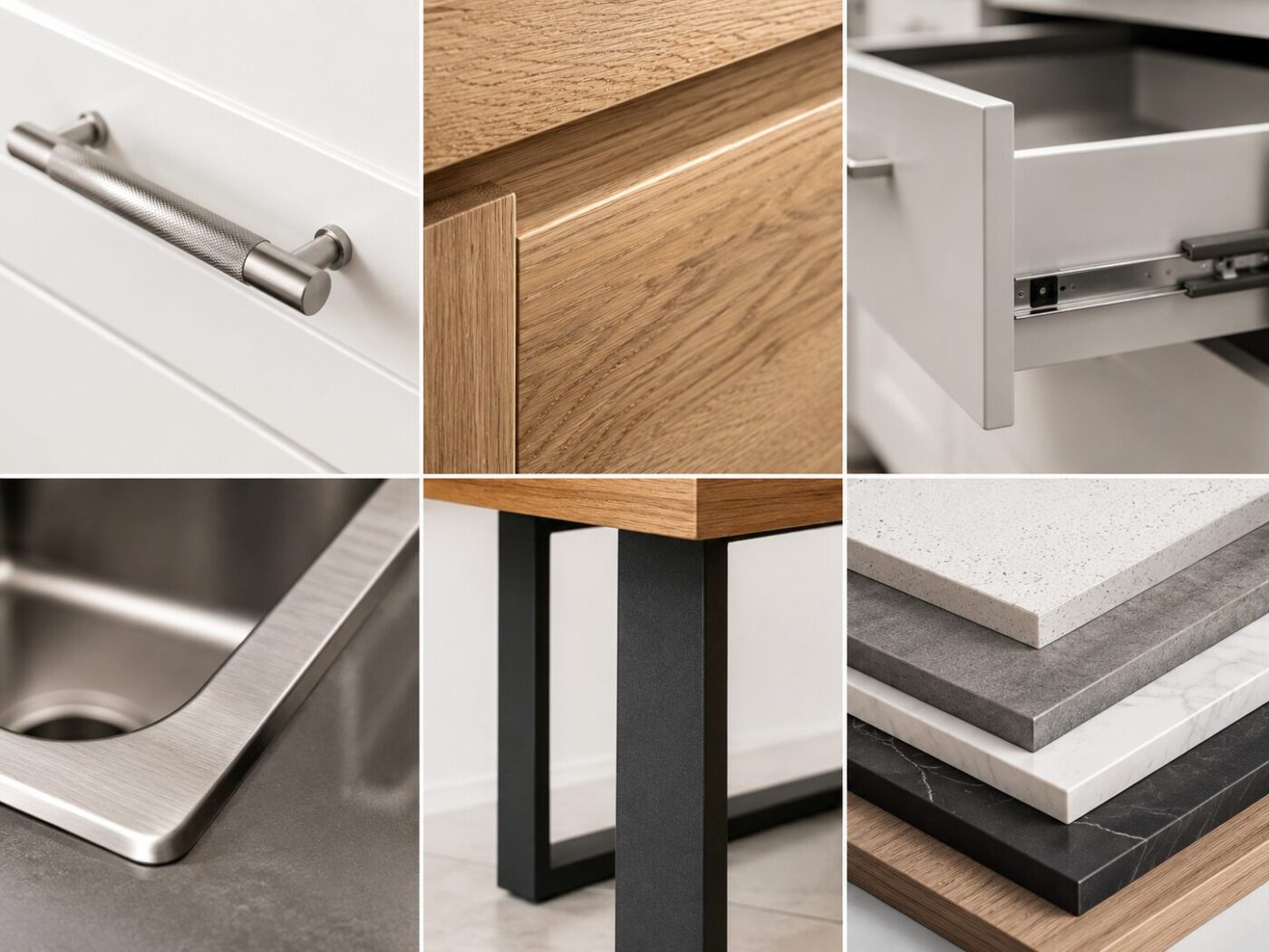Close-up details of kitchen furniture materials including steel handles, wood grain, drawer mechanisms, and stainless steel sink from 5Star Furniture