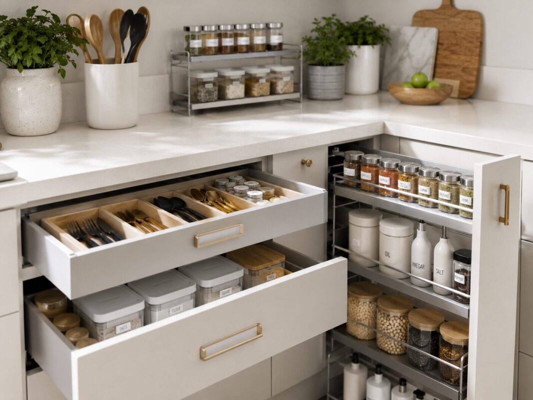 Collection of modern kitchen accessories including storage containers, utensil holders, and organisers from 5Star Furniture