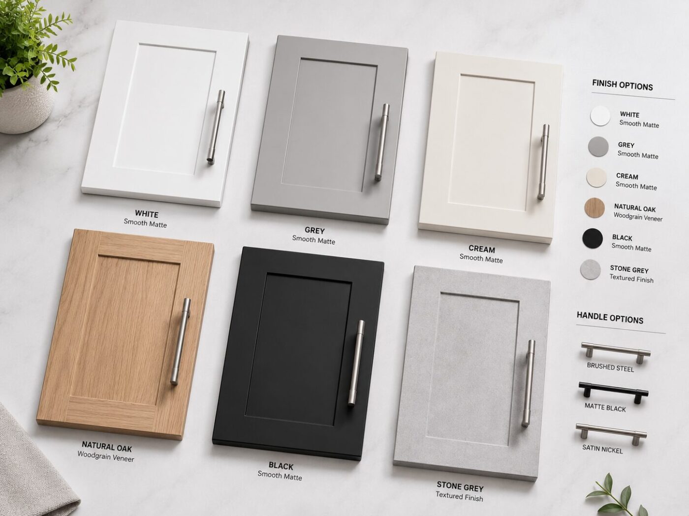 Kitchen cupboard color and finish options including white, grey, cream, natural wood, and black from 5Star Furniture