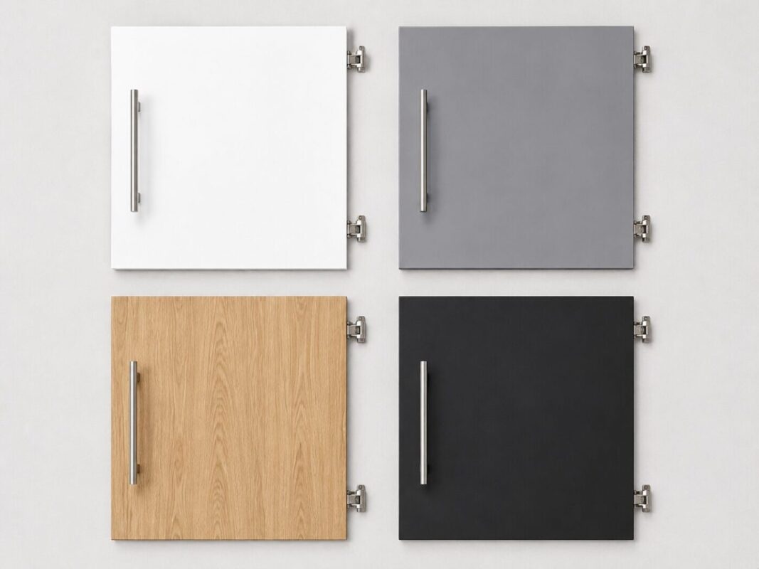 Kitchen cupboard door samples showing white, grey, natural wood, and black finish options with steel handles