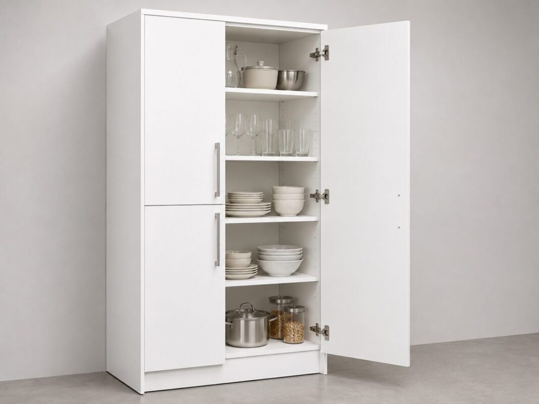 Kitchen cupboard with open door showing interior shelves, adjustable storage, and organized items