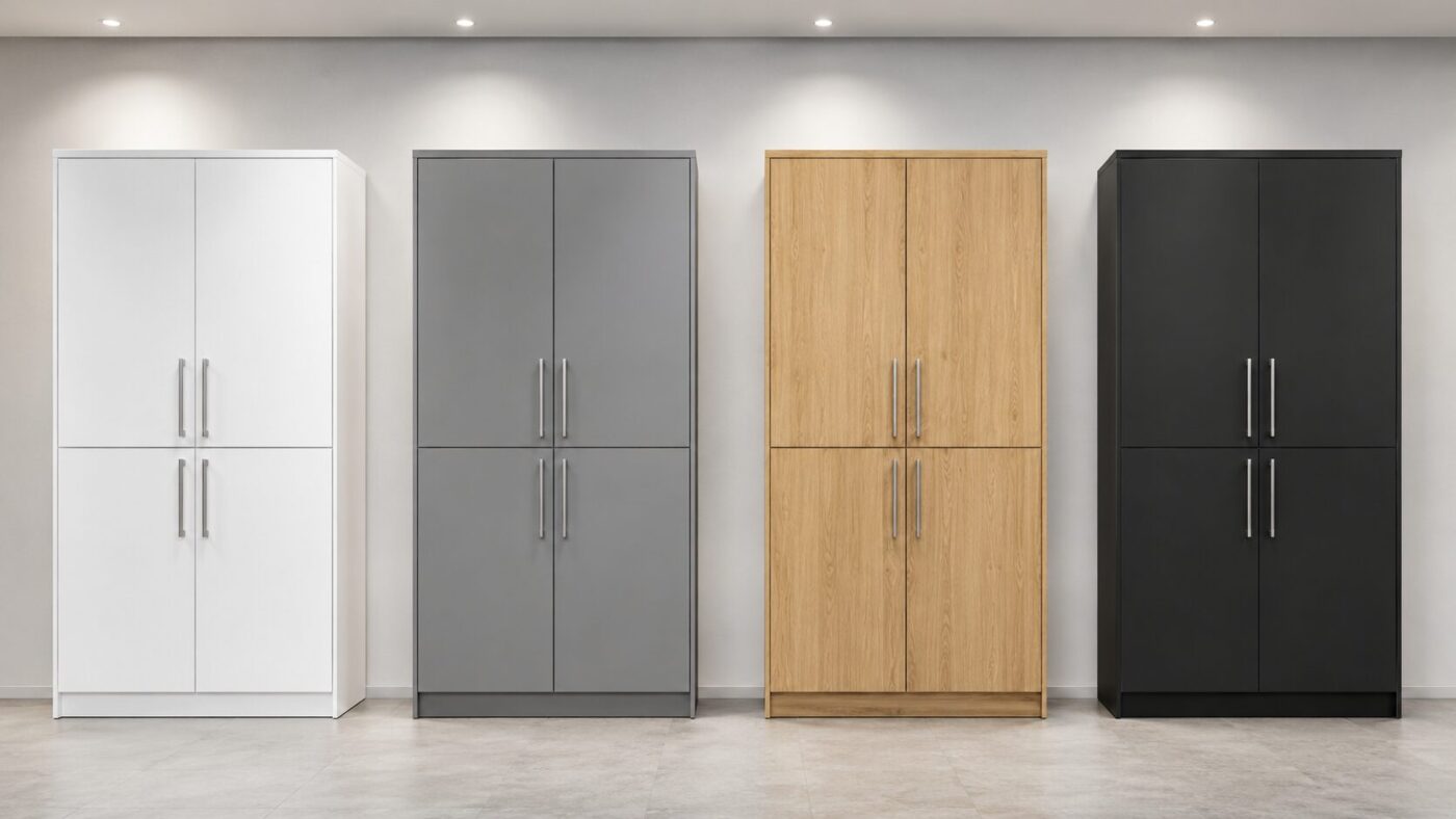 Kitchen cupboards in white, grey, natural wood, and black finishes displayed in showroom