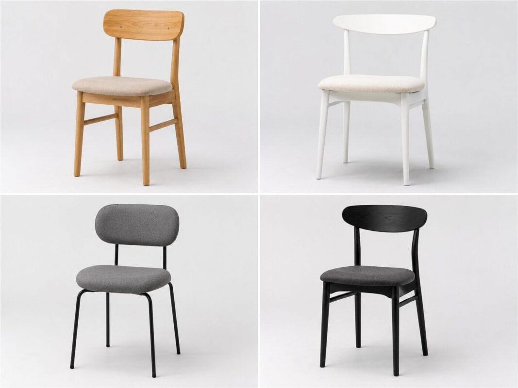 Kitchen dining chair styles in natural wood, white, grey, and black finishes