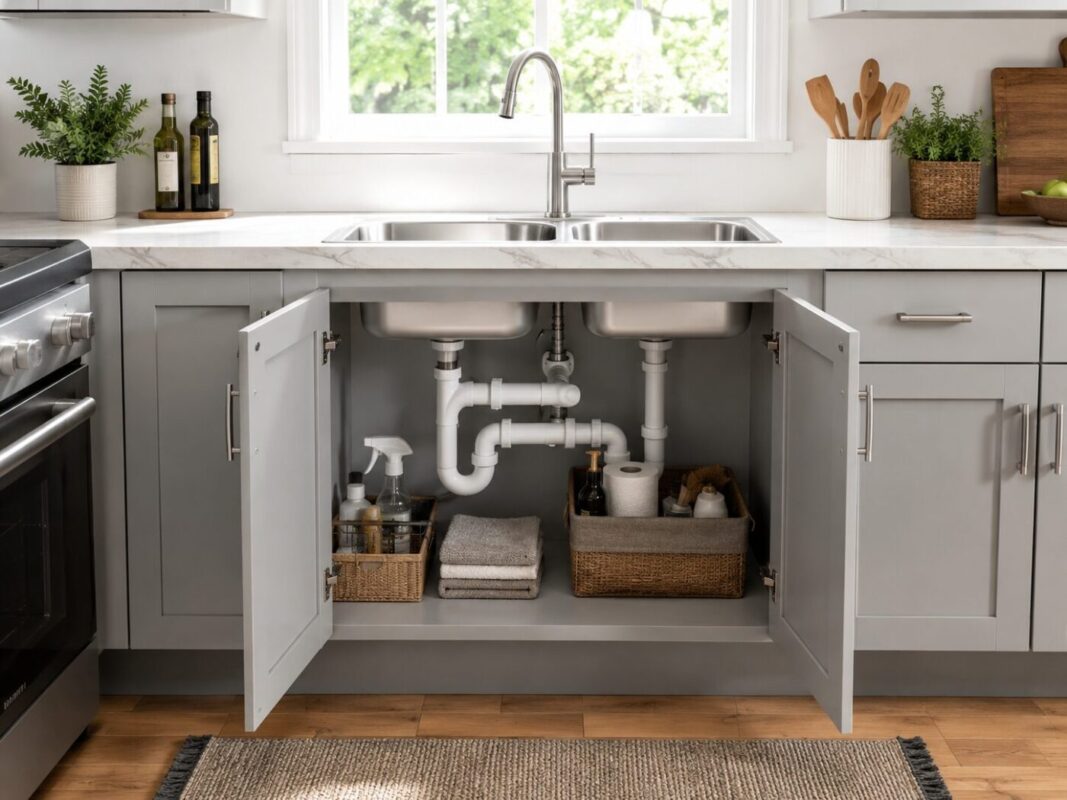 Kitchen sink cupboard installed in kitchen with stainless steel sink and under-sink storage