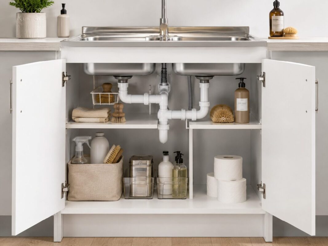 Kitchen sink cupboard under-sink storage space with organized compartments and plumbing