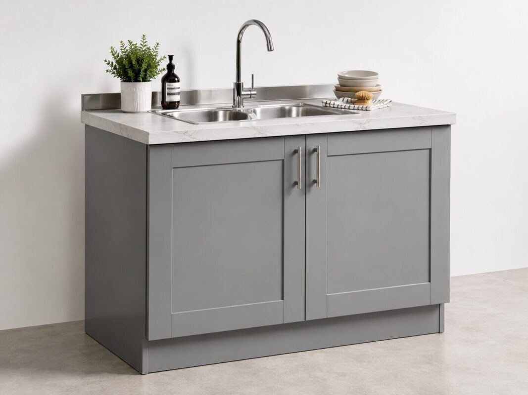 Kitchen sink cupboard with stainless steel sink and white countertop surface