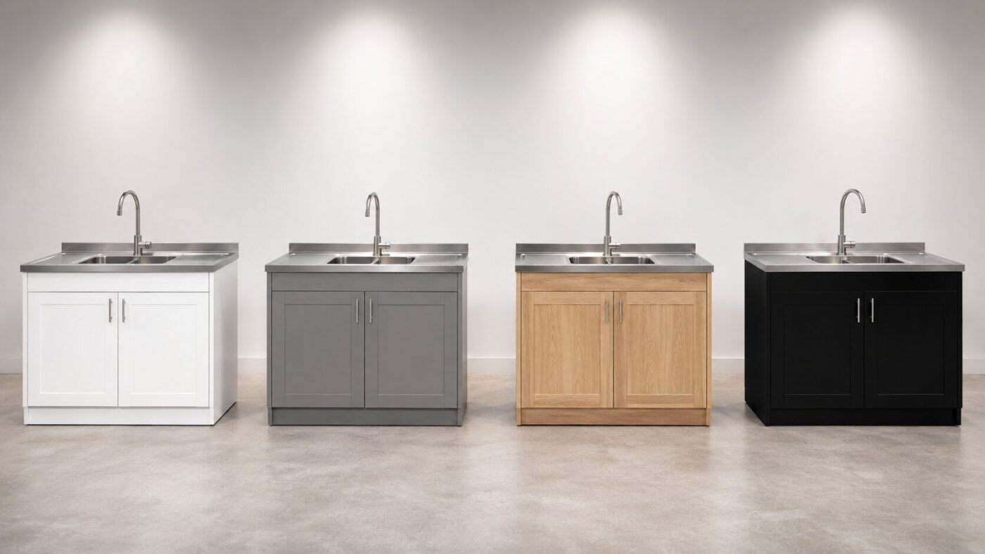 Kitchen sink cupboards in different finishes with integrated stainless steel sinks displayed in showroom