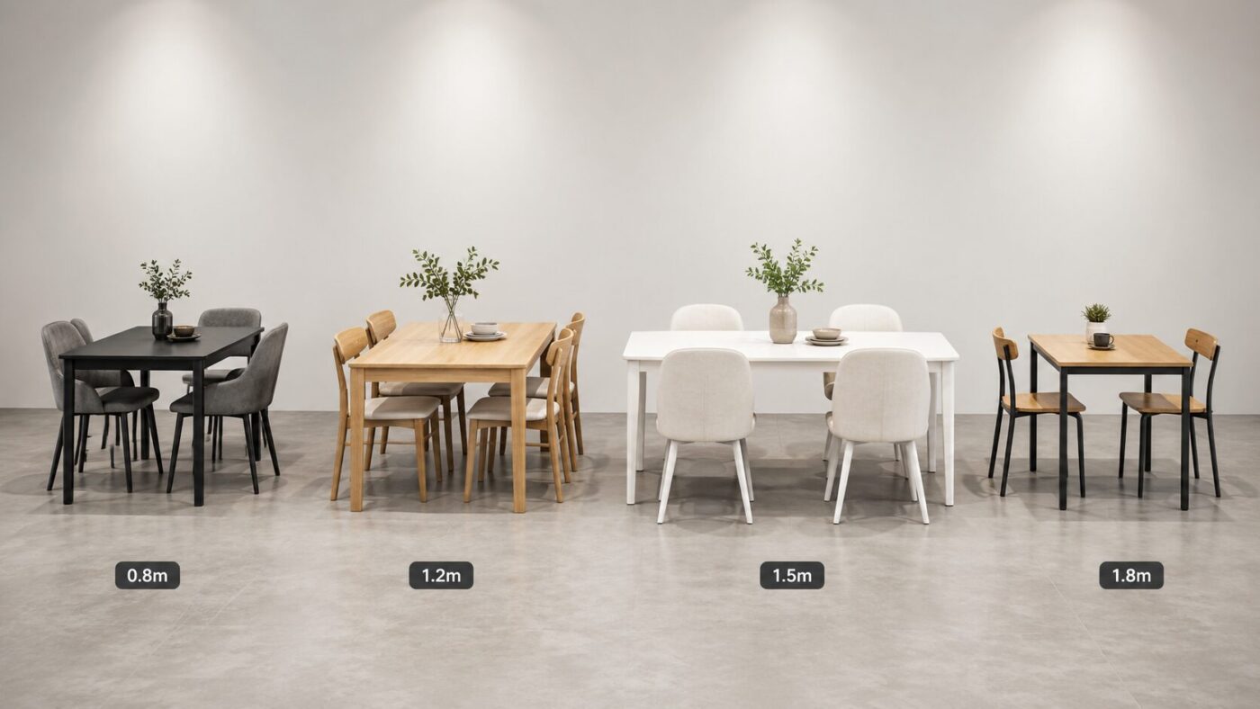 Kitchen table and chair sets in different styles and finishes displayed in showroom