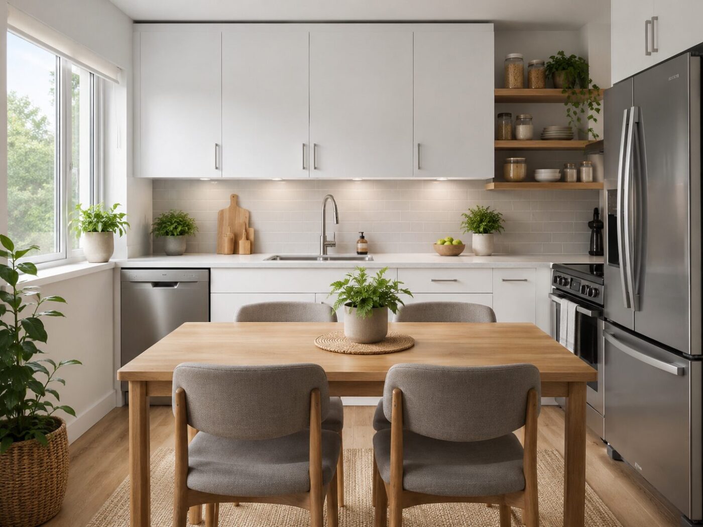 Modern kitchen with white cupboards, stainless steel sink, wooden dining table and grey chairs from 5Star Furniture