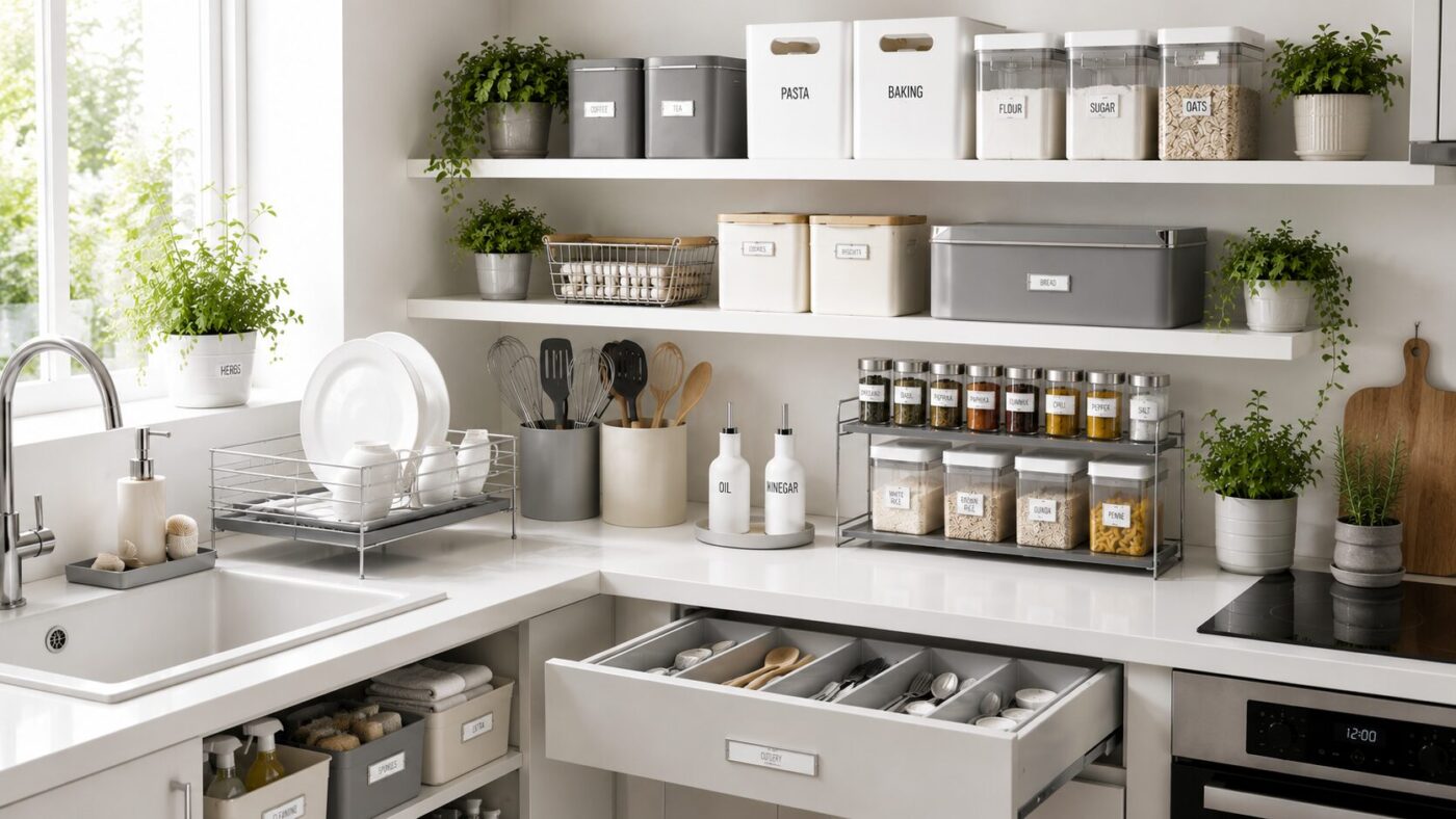 Organized kitchen storage using accessories including drawer dividers, utensil holders, and storage containers from 5Star Furniture