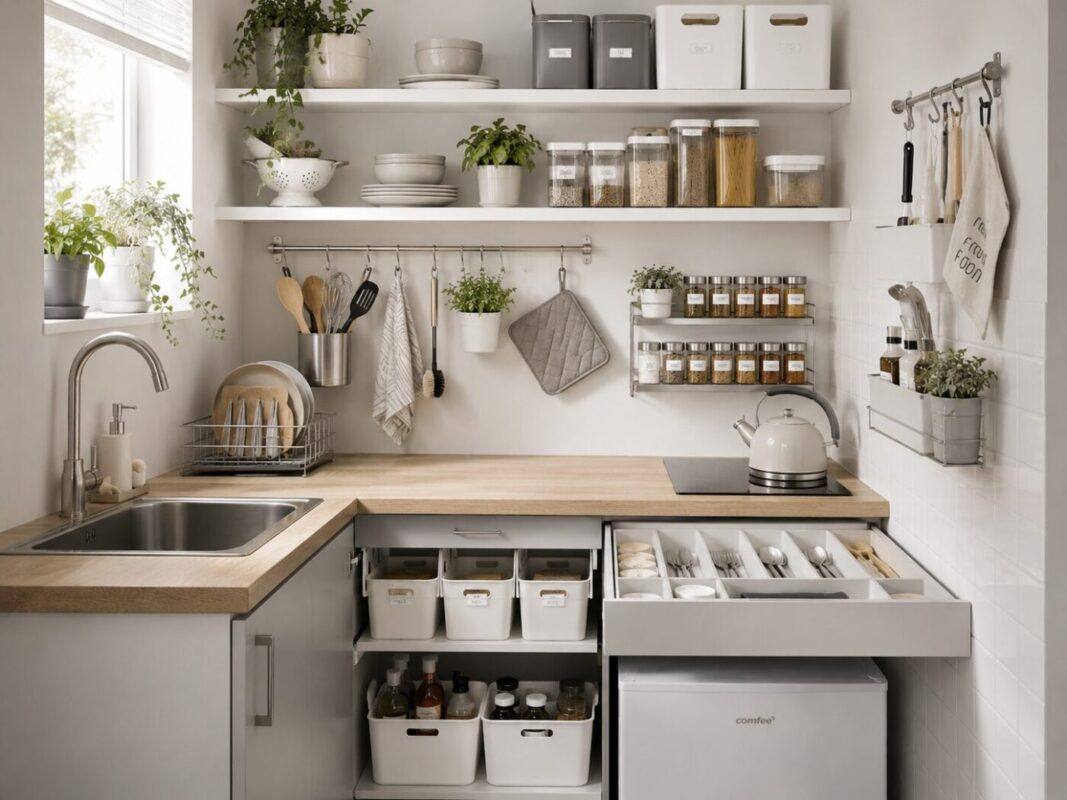 Small kitchen with space-saving accessories including wall-mounted storage, drawer organisers, and vertical organisation from 5Star Furniture