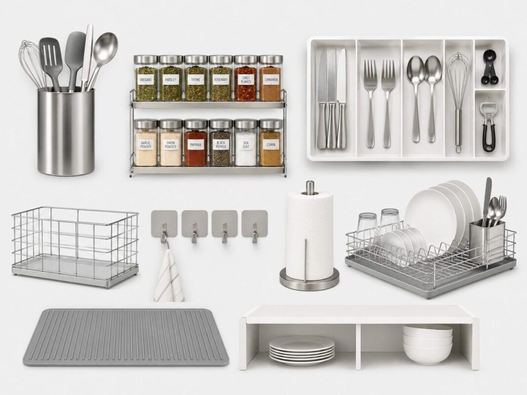 Variety of kitchen accessories including utensil holders, spice racks, drawer organisers, and storage baskets from 5Star Furniture