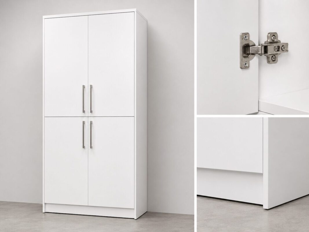 White tall kitchen cupboard 2.4m high with steel handles and soft-close doors