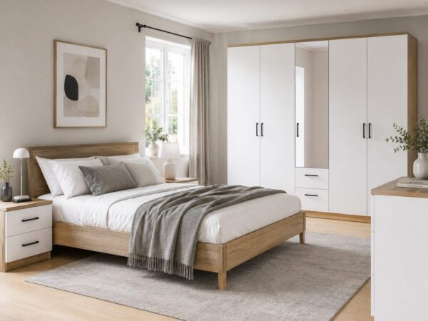 Modern bedroom with white and grey wardrobes, wooden bed frame, and bedside drawers. Clean Scandinavian minimalist design.