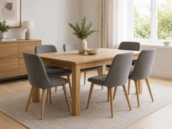 Modern dining room with wooden dining table and grey upholstered chairs. Minimalist contemporary design with bright natural lighting.