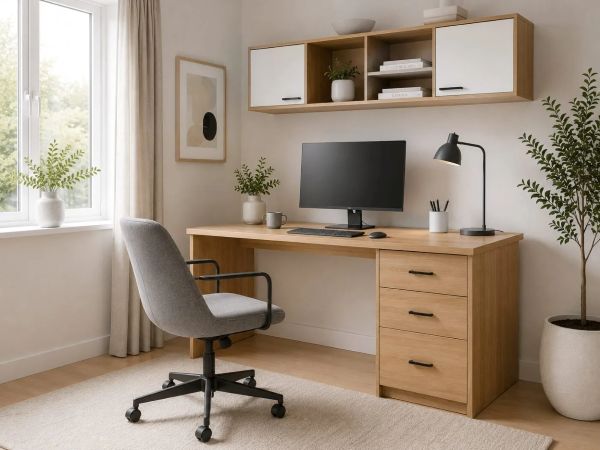 Modern home office with wooden desk, grey office chair, and wall-mounted storage shelves. Minimalist Scandinavian workspace design.
