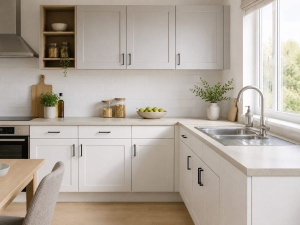 Modern kitchen with white and grey kitchen cupboards, stainless steel sink, and kitchen counter. Clean minimalist Scandinavian design.