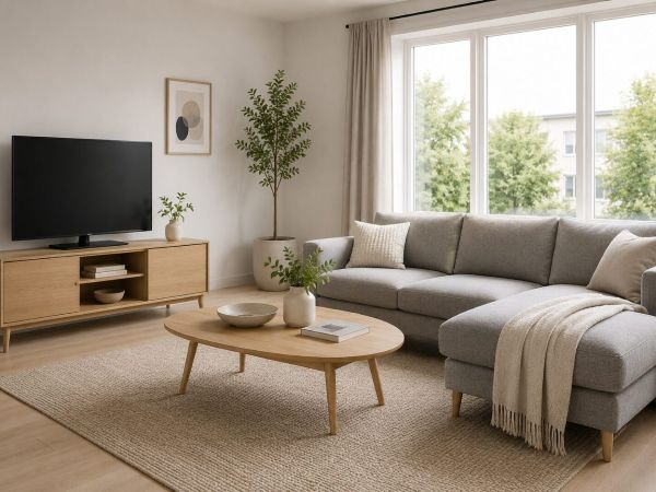 Modern lounge room with grey upholstered sofa, wooden coffee table, and TV stand. Scandinavian minimalist design with bright natural lighting.