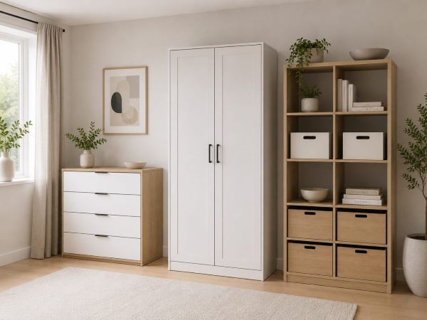 Modern storage solutions with white and grey free-standing cupboards, open shelving with white boxes, and wooden storage drawers.