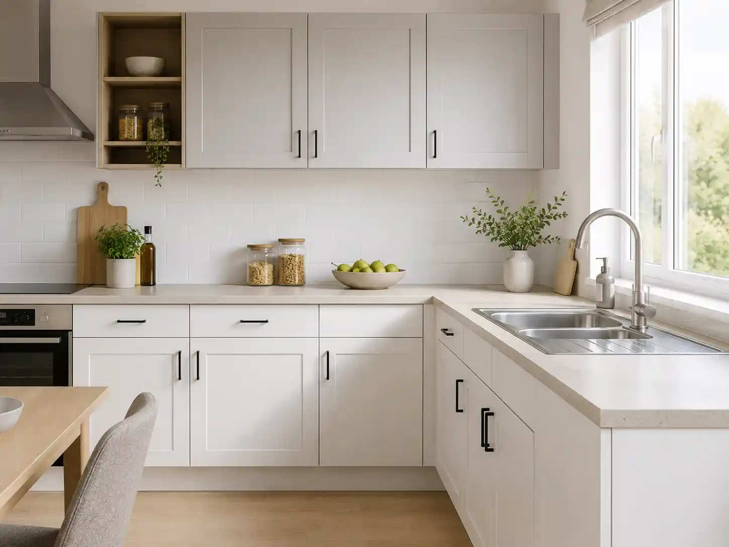 Modern kitchen with white and grey kitchen cupboards, stainless steel sink, and kitchen counter. Clean minimalist Scandinavian design.