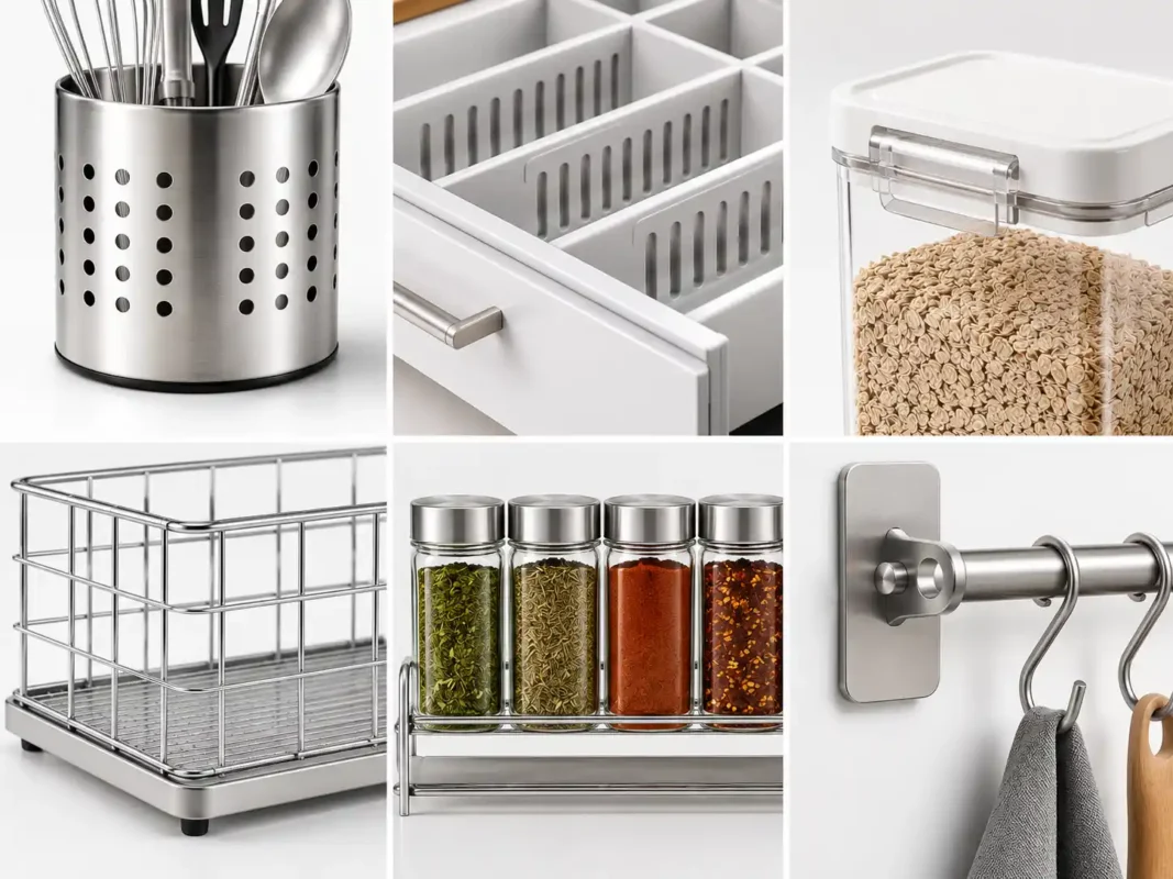 Close-up details of kitchen accessory materials including stainless steel, durable plastic, and sturdy construction from 5Star Furniture