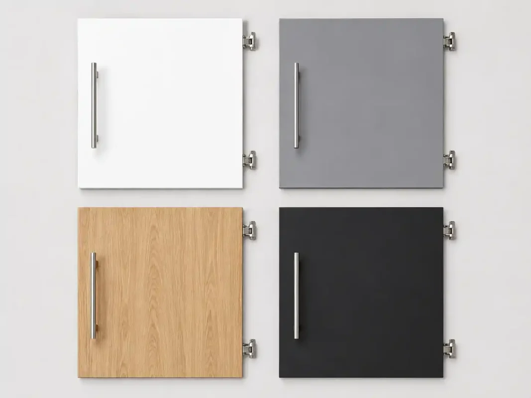 Kitchen cupboard door samples showing white, grey, natural wood, and black finish options with steel handles