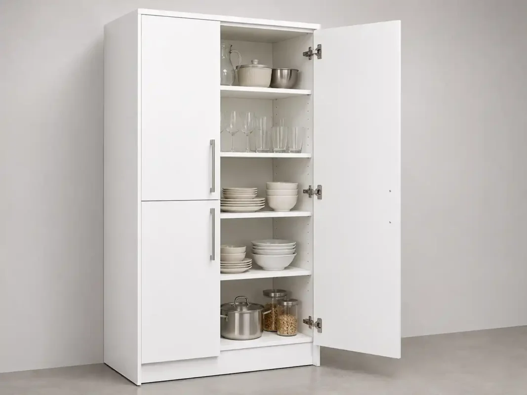 Kitchen cupboard with open door showing interior shelves, adjustable storage, and organized items