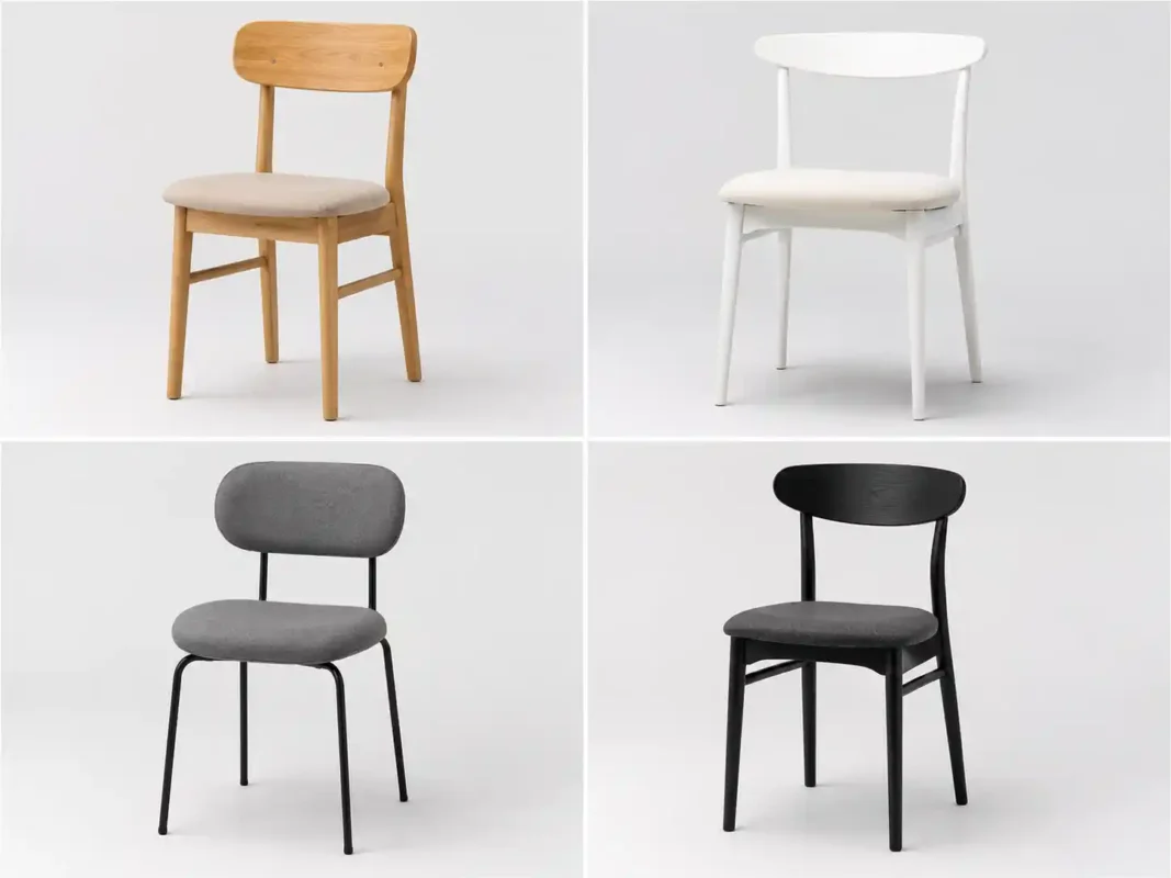 Kitchen dining chair styles in natural wood, white, grey, and black finishes