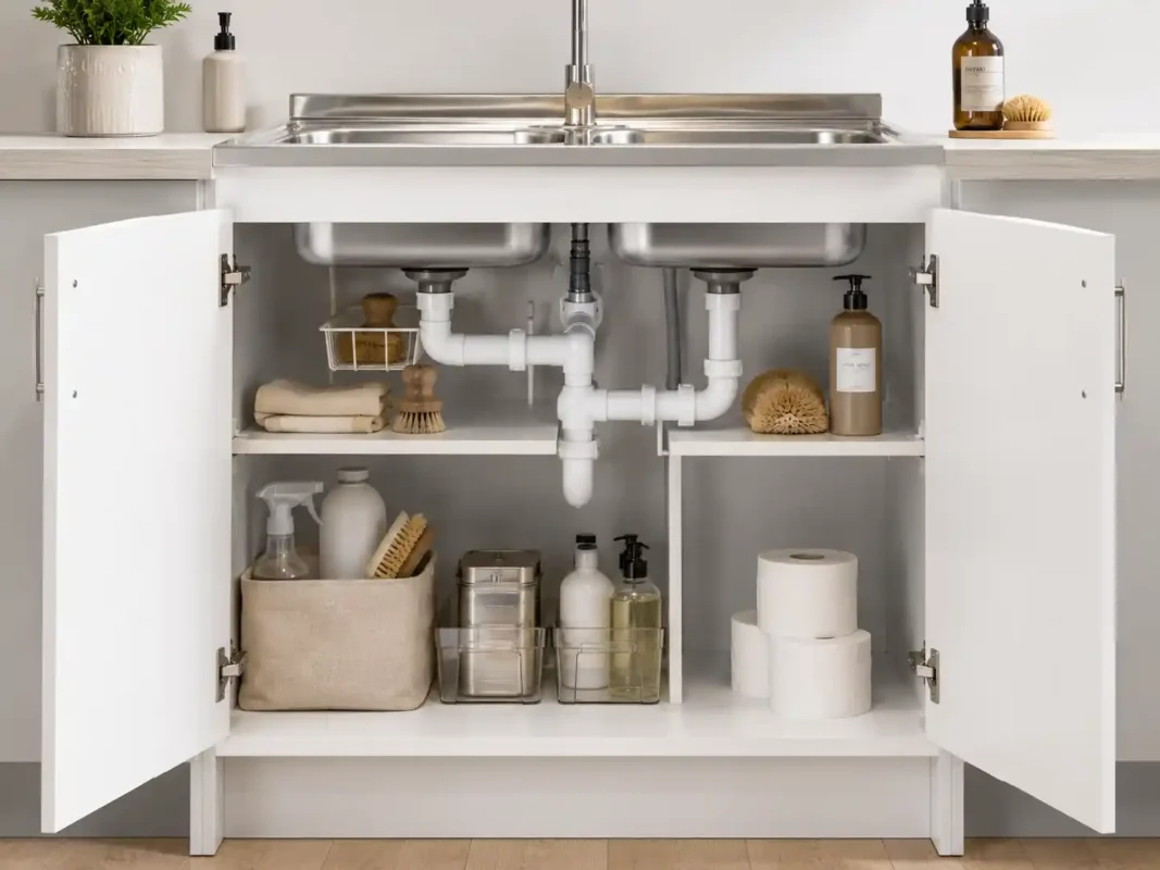 Kitchen sink cupboard under-sink storage space with organized compartments and plumbing