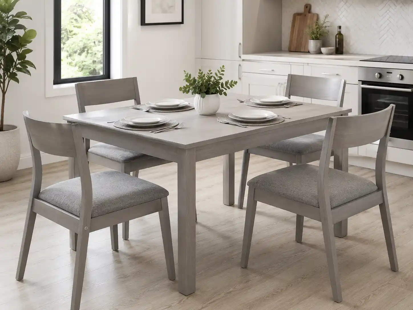 Modern kitchen dining table and chairs set in light wood with 4 seats from 5Star Furniture