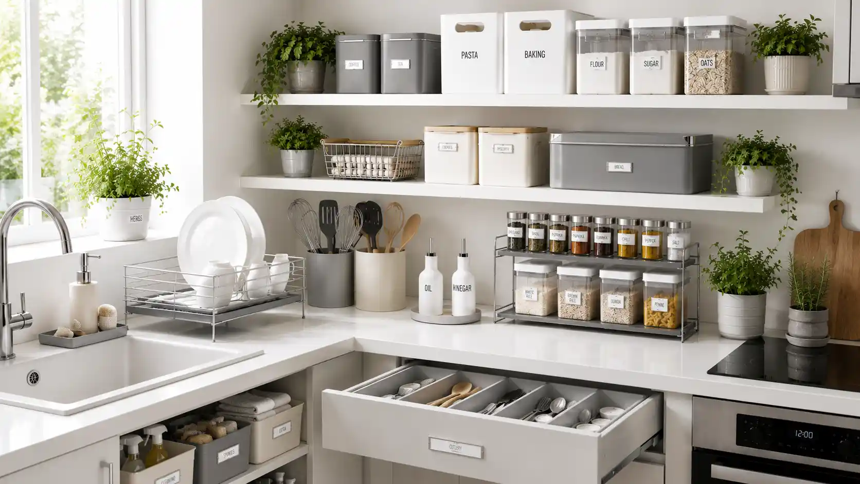 Organized kitchen storage using accessories including drawer dividers, utensil holders, and storage containers from 5Star Furniture