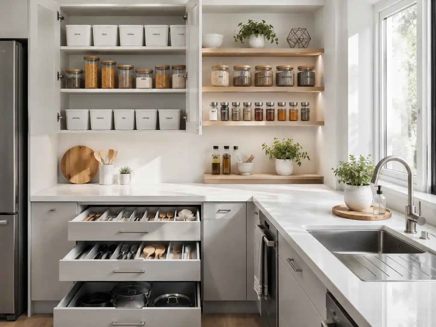 Kitchen furniture buying guide - organised kitchen storage with white cupboards and containers from 5Star Furniture