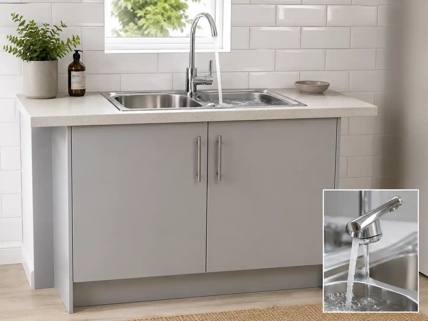 Stainless steel kitchen sink with white cupboards and storage from 5Star Furniture