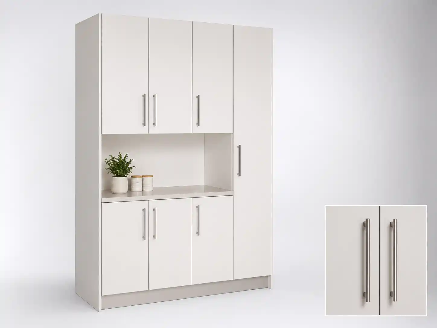White kitchen cupboard 2.4m tall 1.5m wide with steel handles and clean modern design from 5Star Furniture