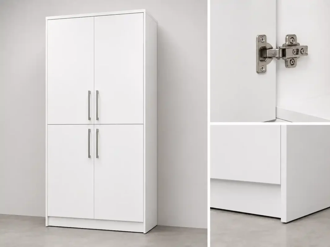 White tall kitchen cupboard 2.4m high with steel handles and soft-close doors